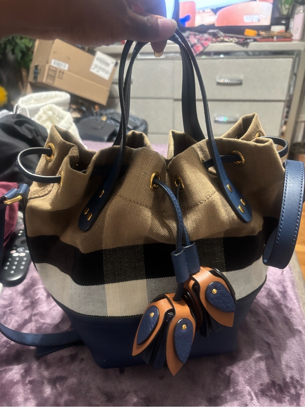 Burberry Tan, Navy & Black Check Drawstring bucket/tote Shoulder Bag